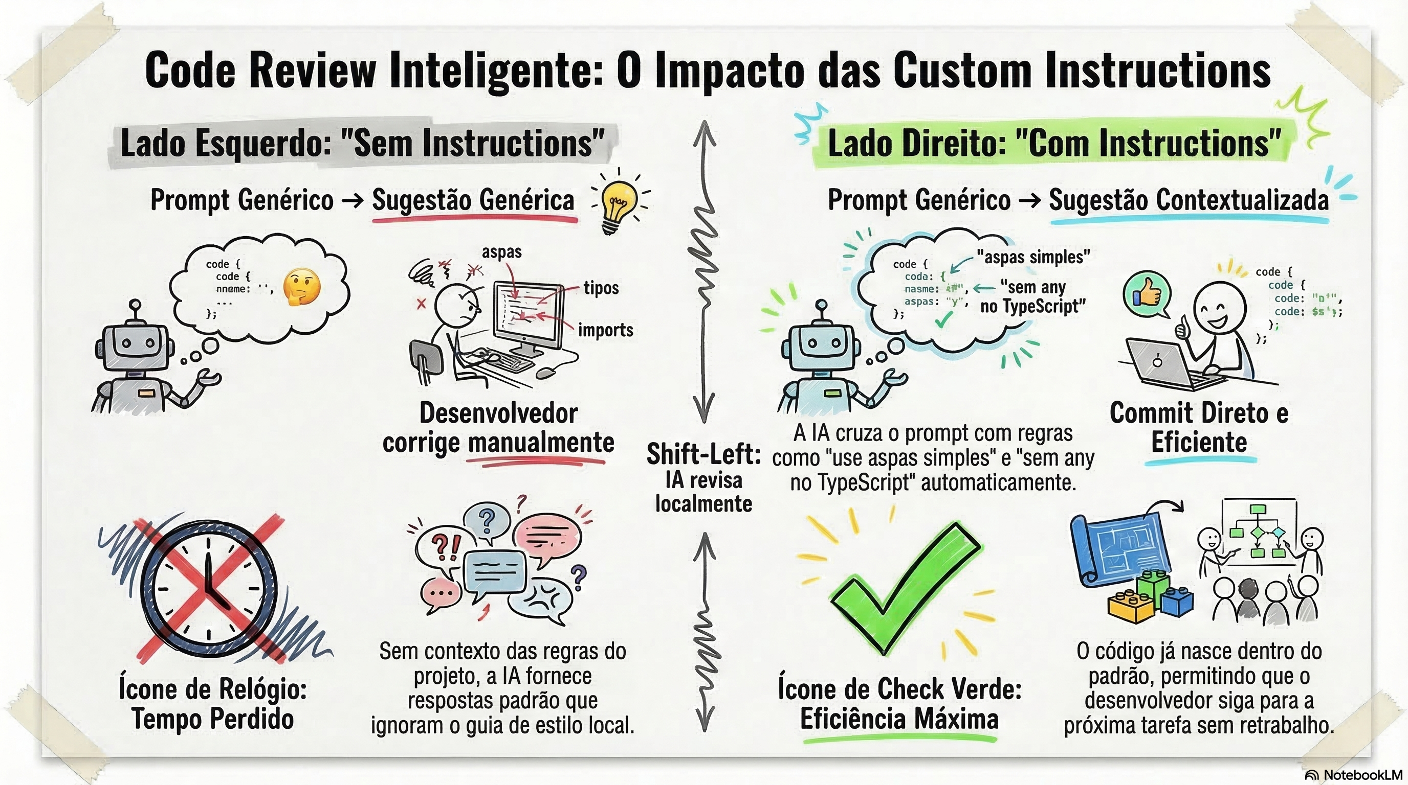Diagrama comparativo: Code Review Inteligente - O Impacto das Custom Instructions. Lado esquerdo mostra "Sem Instructions" com tempo perdido. Lado direito mostra "Com Instructions" com eficiência máxima.