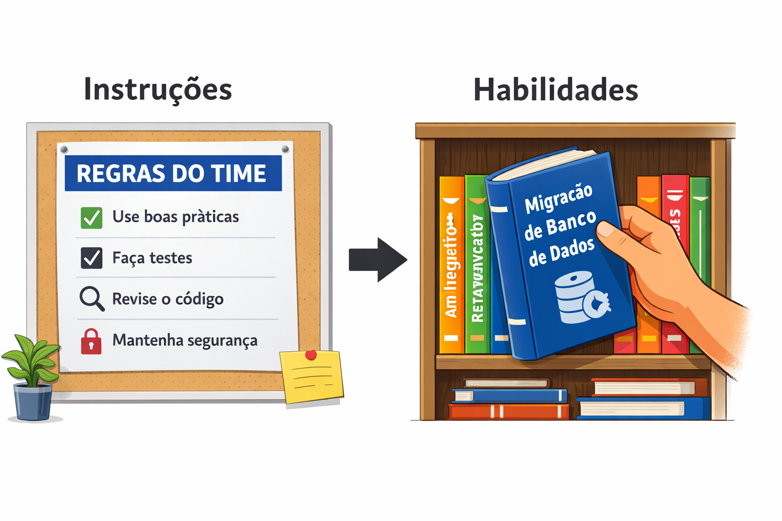 Comparação visual entre Instruções e Habilidades: à esquerda uma placa com "Regras do Time", à direita uma estante com livros técnicos, mostrando o conceito de directives globais versus recursos sob demanda.